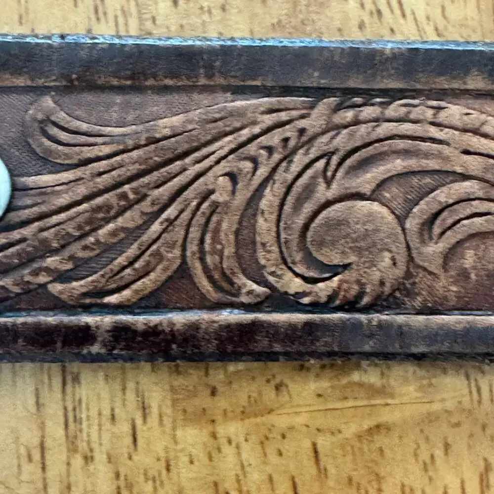 Mens Tooled Brown Leather Western Belt Size 40 Silver Bronze Buckle Scrollwork